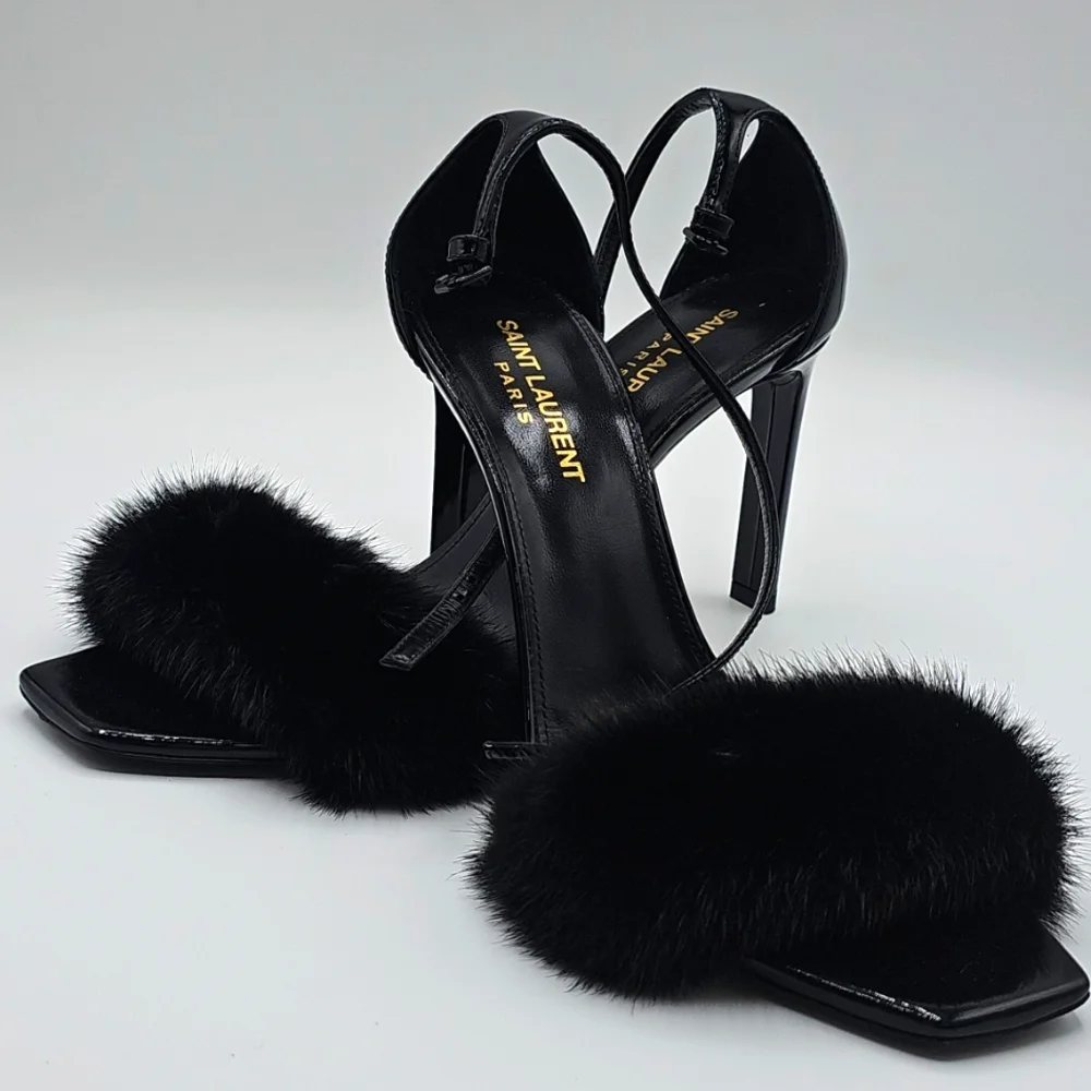 Saint Laurent Black Fur Strap Heels 37 1/2 - Picture 15 of 16